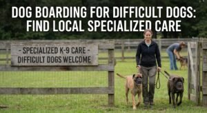 Two dogs on leashes at a fenced yard, for a guide to boarding difficult dogs